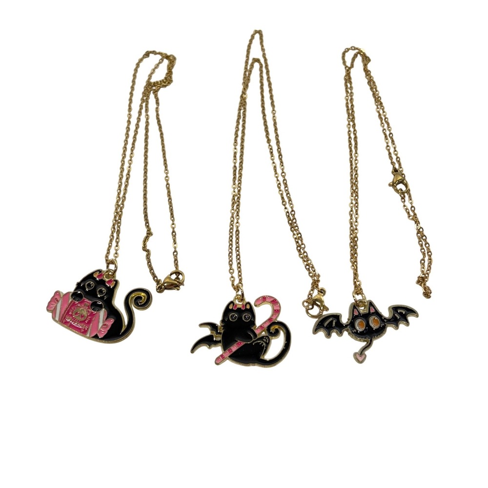 3pc Black Cat Enamel Necklace Set Halloween Spooky Cute Bat Cat Gold Tone Chain